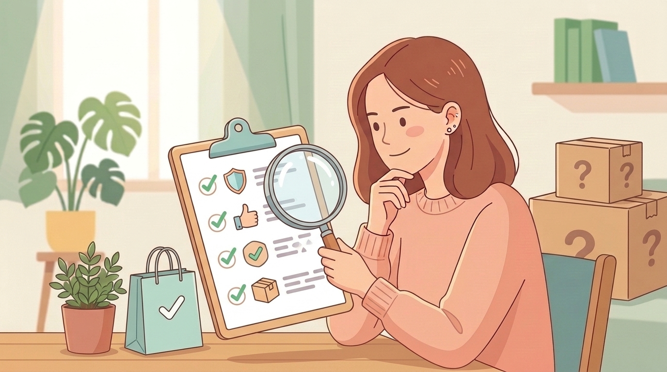 チェックリストと虫眼鏡で商品を確認する女性のイラスト