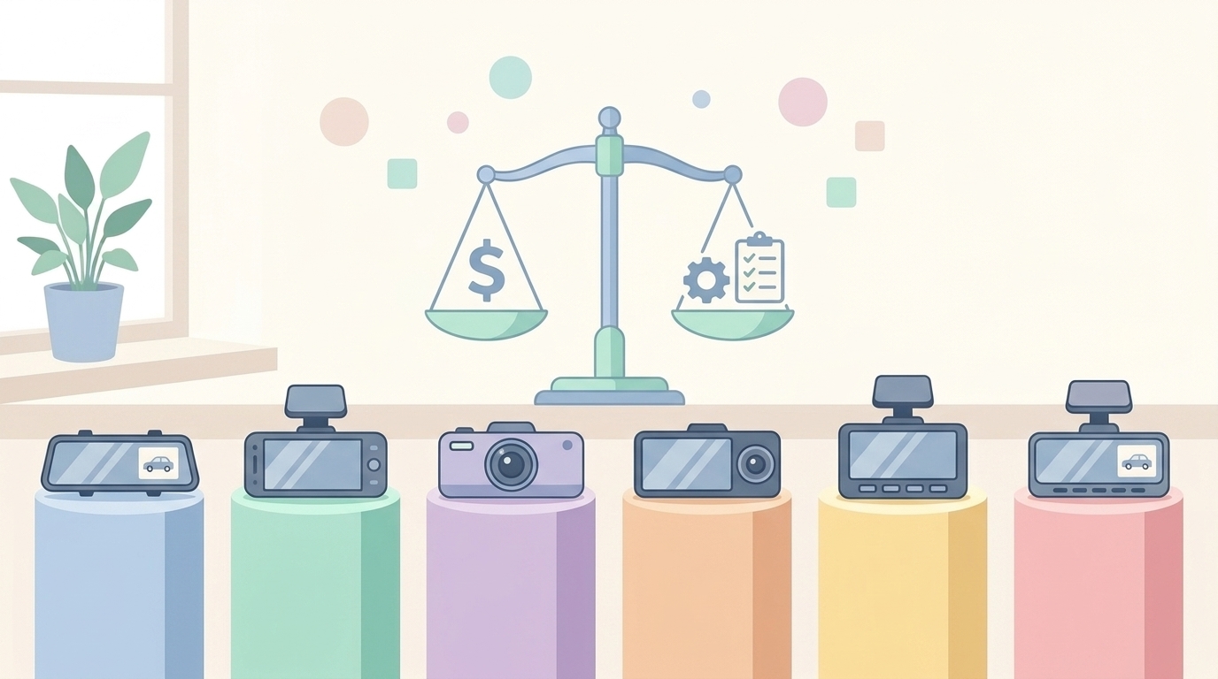 6台のドラレコを比較する天秤のイラスト