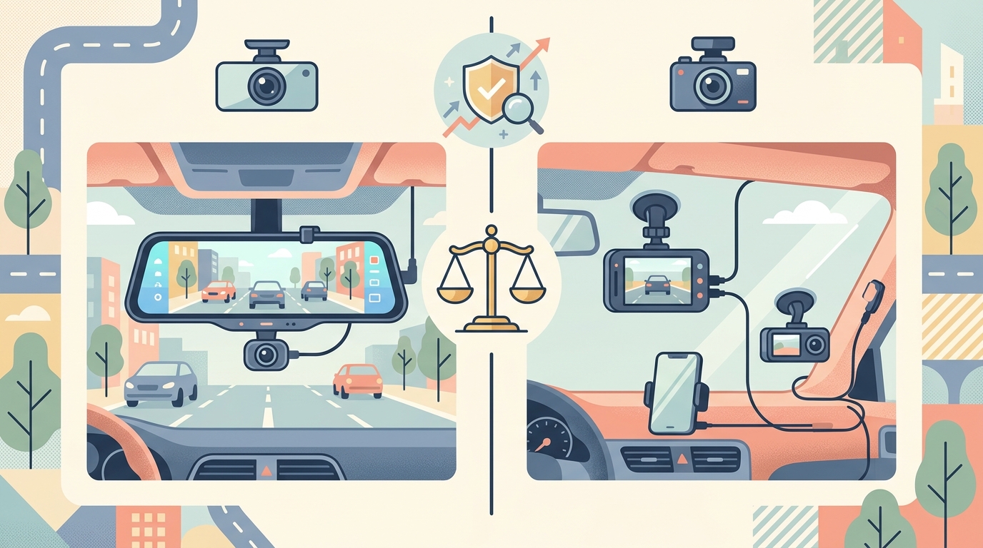 ミラー型と従来型ドラレコを比較するイラスト