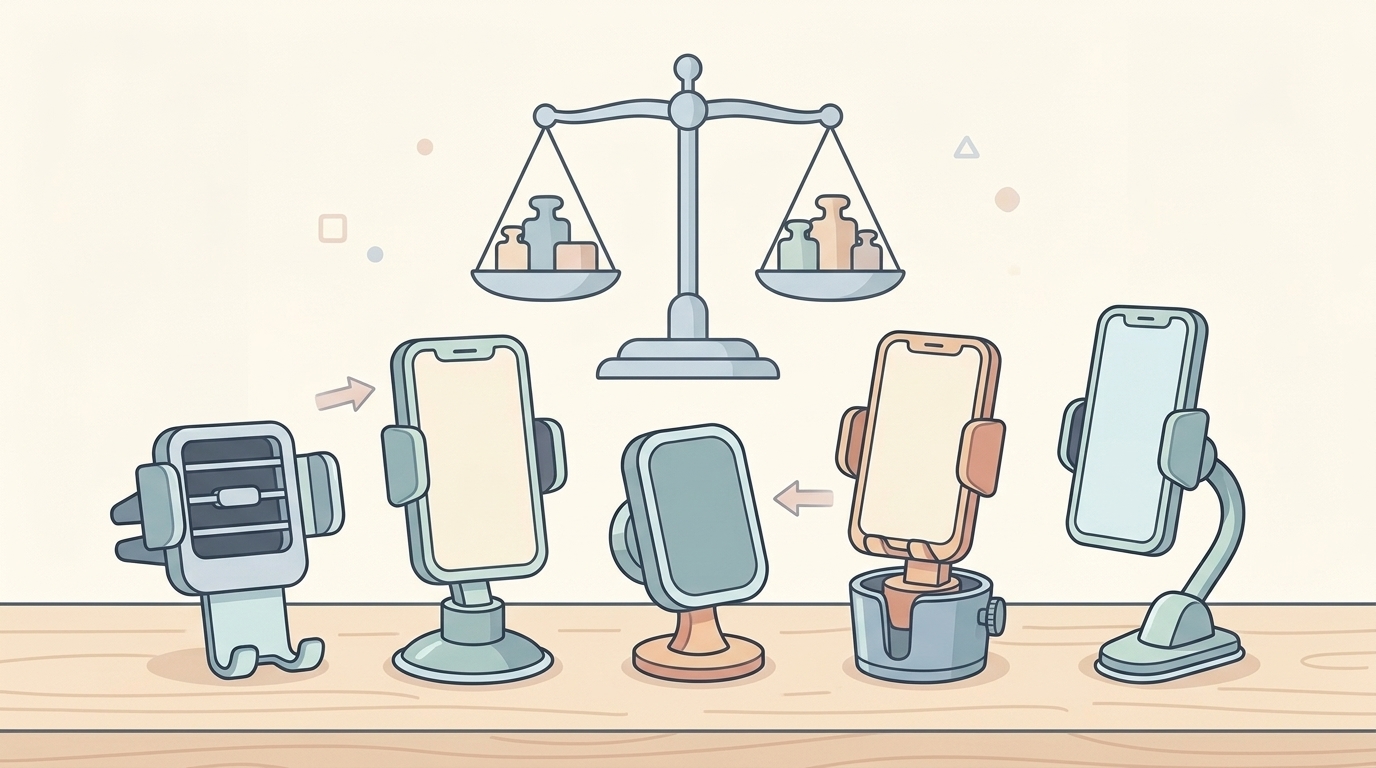 5種類の車載ホルダーを天秤で比較するイラスト