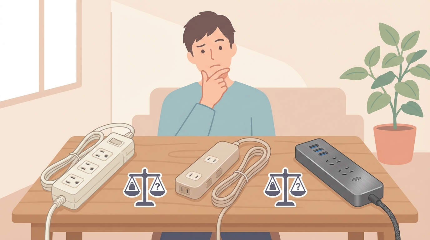 3つの電源タップを比較検討する男性のイラスト