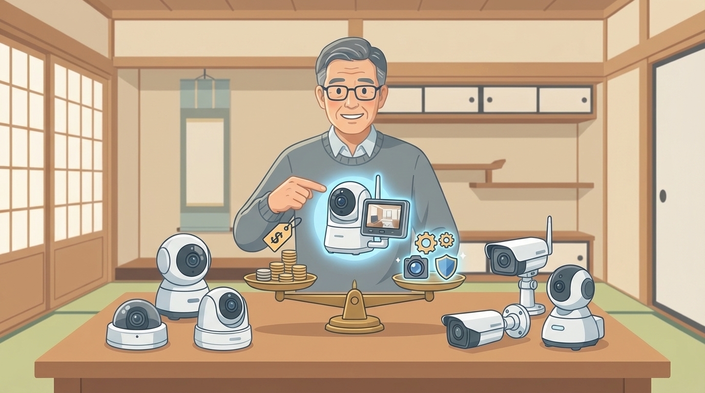 複数の防犯カメラを比較する男性のイラスト