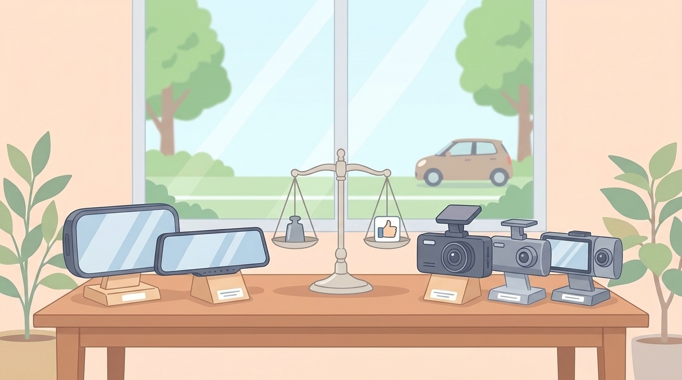 複数のドラレコブランドを比較するイラスト