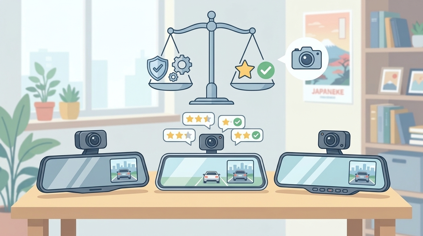 複数のミラー型ドラレコを比較するイラスト