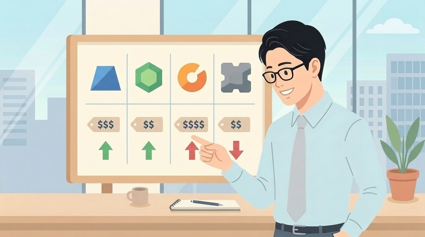 複数ブランドのコスパ比較チャートを指す男性のイラスト