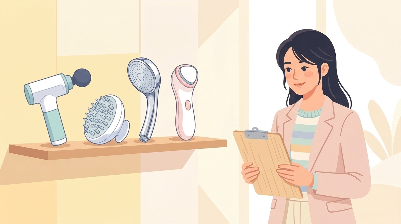 複数の美容デバイスを比較検討する女性のイラスト