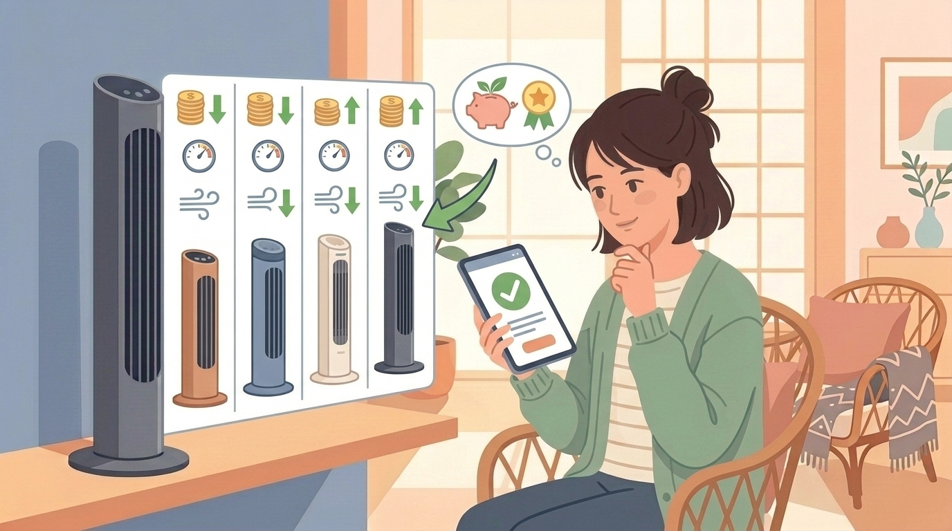 複数のタワーファンを比較検討する女性のイラスト