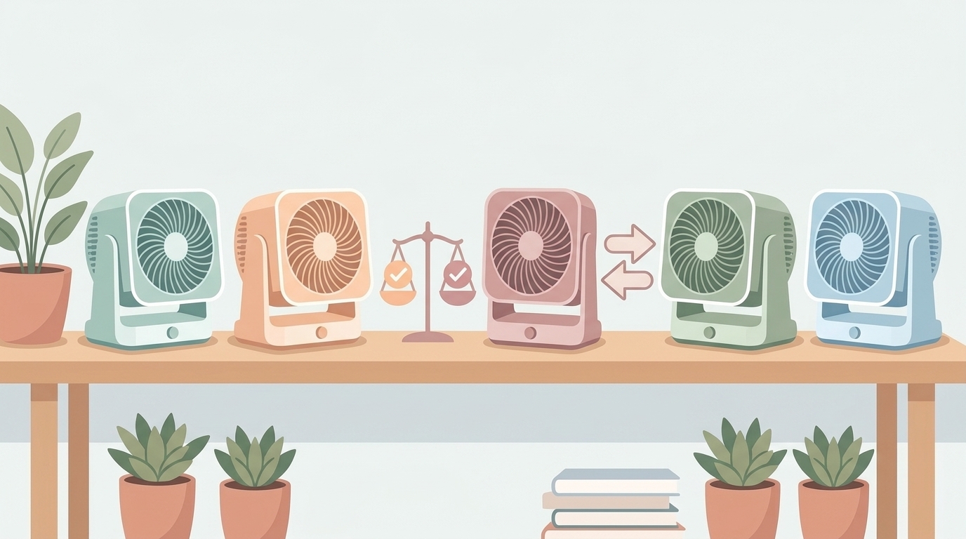 複数のサーキュレーターを並べて比較するイラスト