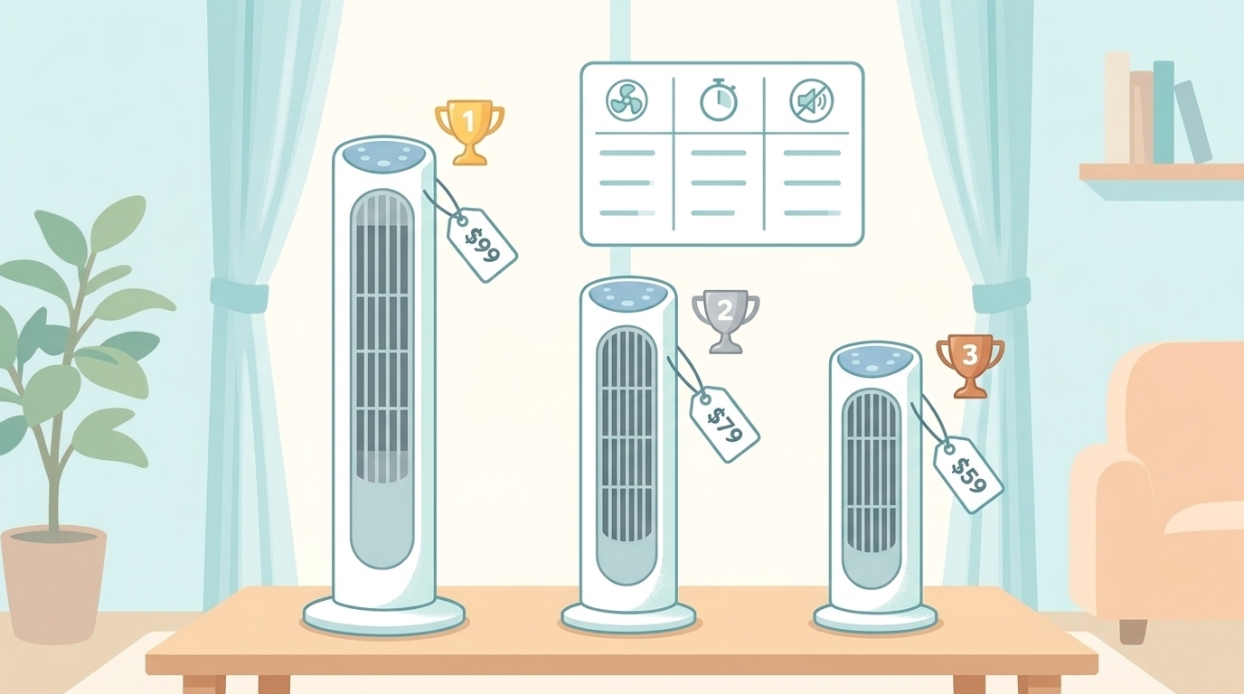 3種類のタワーファンを価格・ランキングで比較しているイラスト