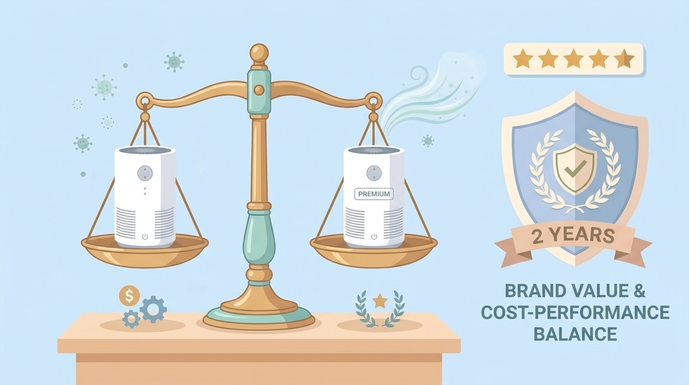 天秤に乗った2台の空気清浄機によるブランド比較のイラスト