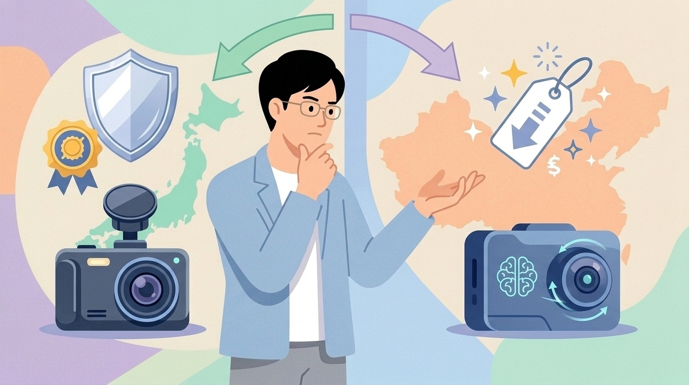 日本メーカーと中国メーカーのドラレコを比較するイラスト