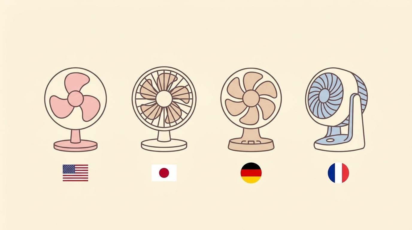 各国フラグが並ぶ複数のサーキュレーター比較イラスト