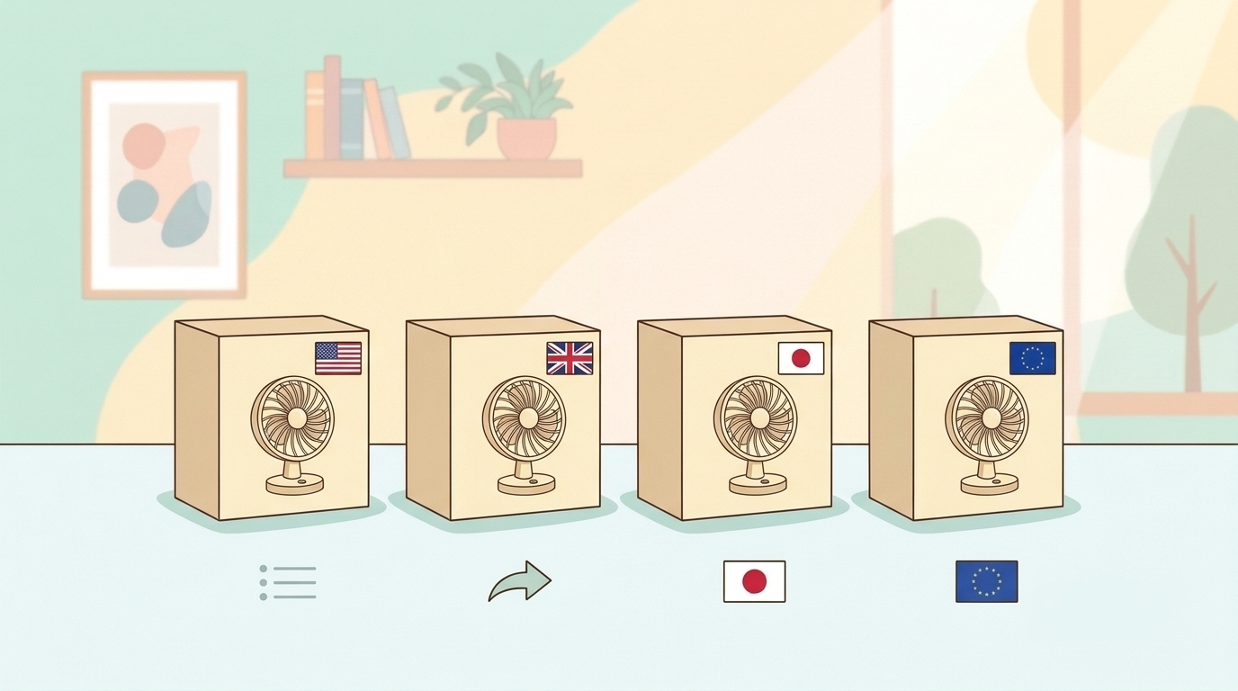 国旗ラベルの付いた4つの製品ボックスを比較するイラスト