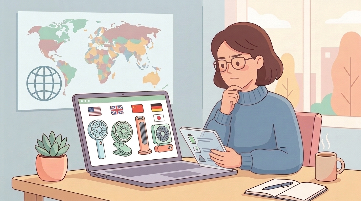 国旗アイコンとともに複数の扇風機ブランドを比較する人のイラスト