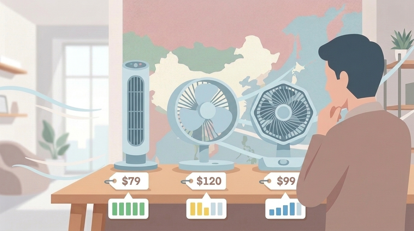 3台の異なるサーキュレーターを価格・品質で比較する人物のイラスト