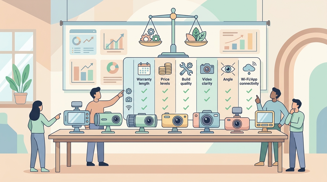 複数ブランドのドラレコを比較検討するイラスト