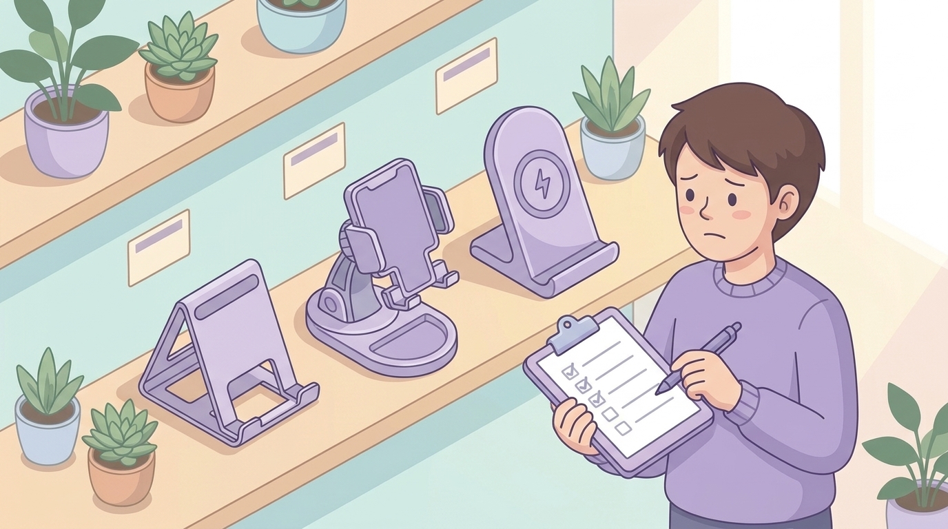 複数のスマホスタンドを比較検討する人のイラスト