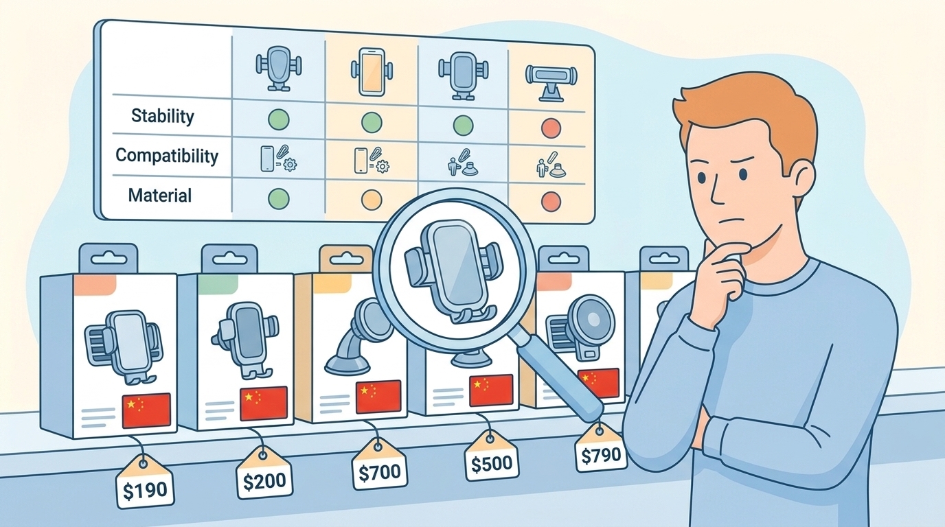 複数の中国製スマホホルダーを価格・品質で比較する棚のフラットイラスト