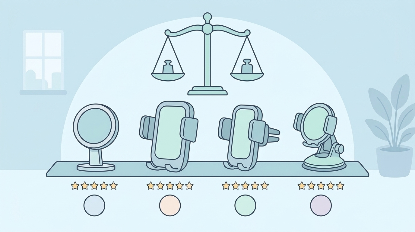 複数のスマホホルダーを比較する天秤のイラスト