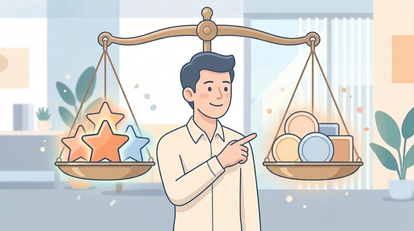 コスパブランドと高級ブランドを天秤にかける男性のイラスト