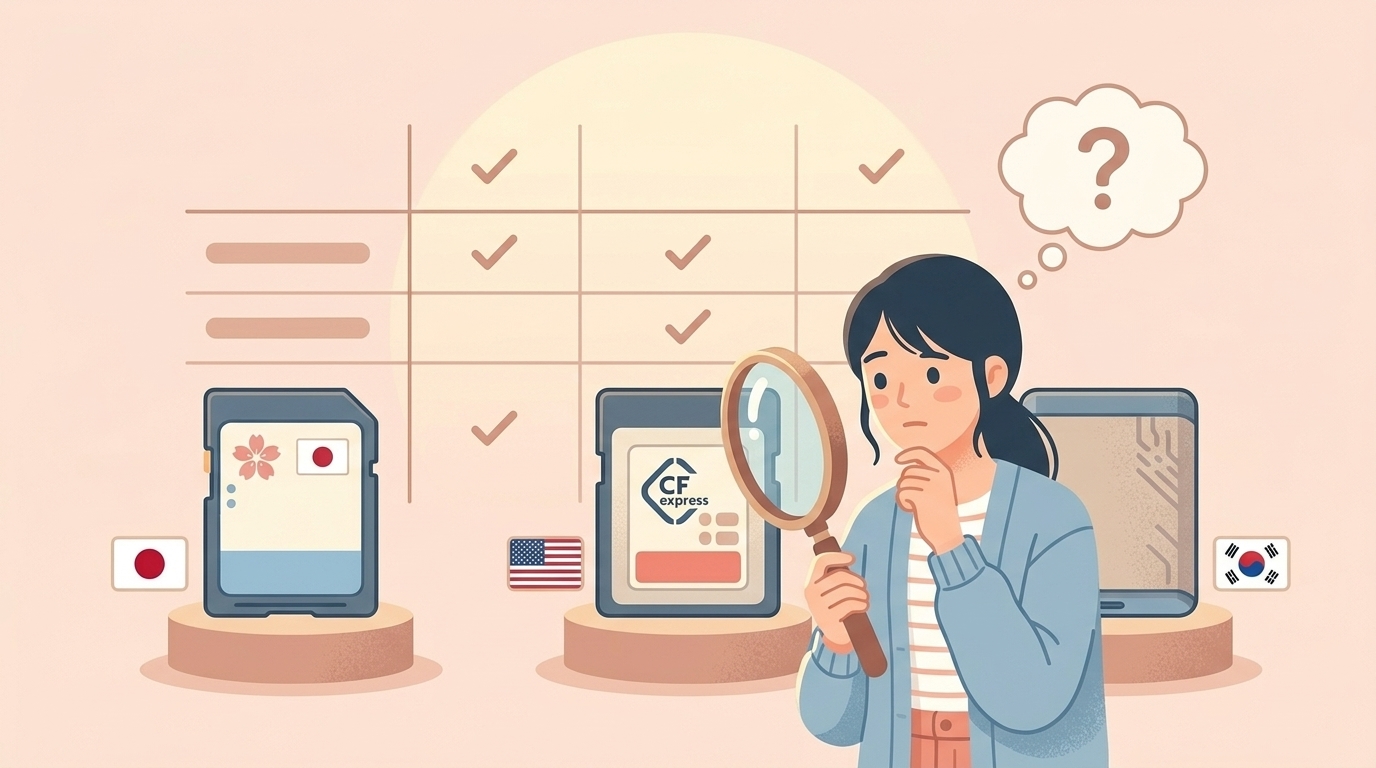 各国フラッグ付きのメモリーカードを比較検討する人のイラスト