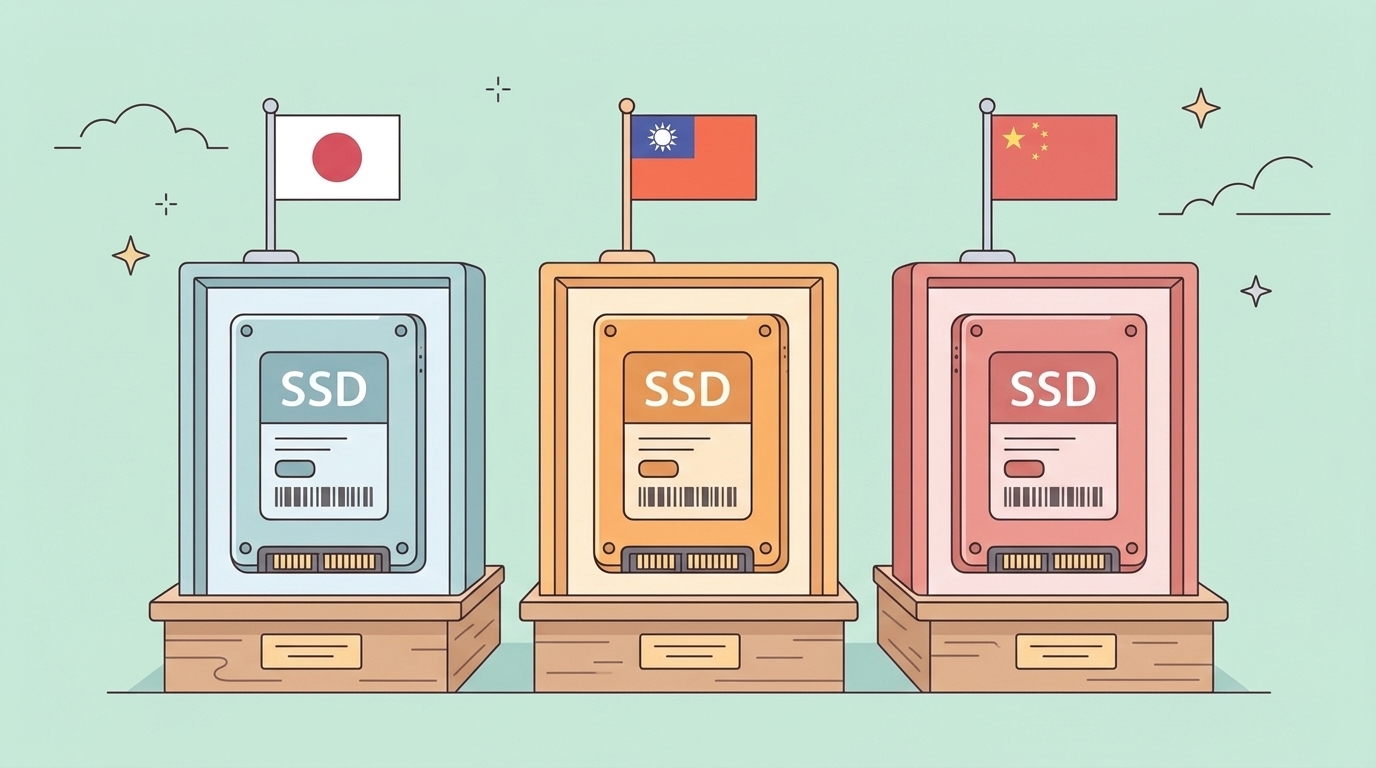 日本・台湾・中国の国旗が添えられた3つのSSD製品比較イラスト