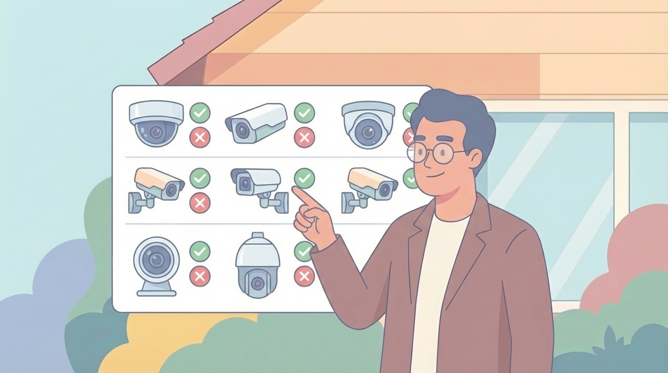 複数の防犯カメラを比較検討する男性のイラスト