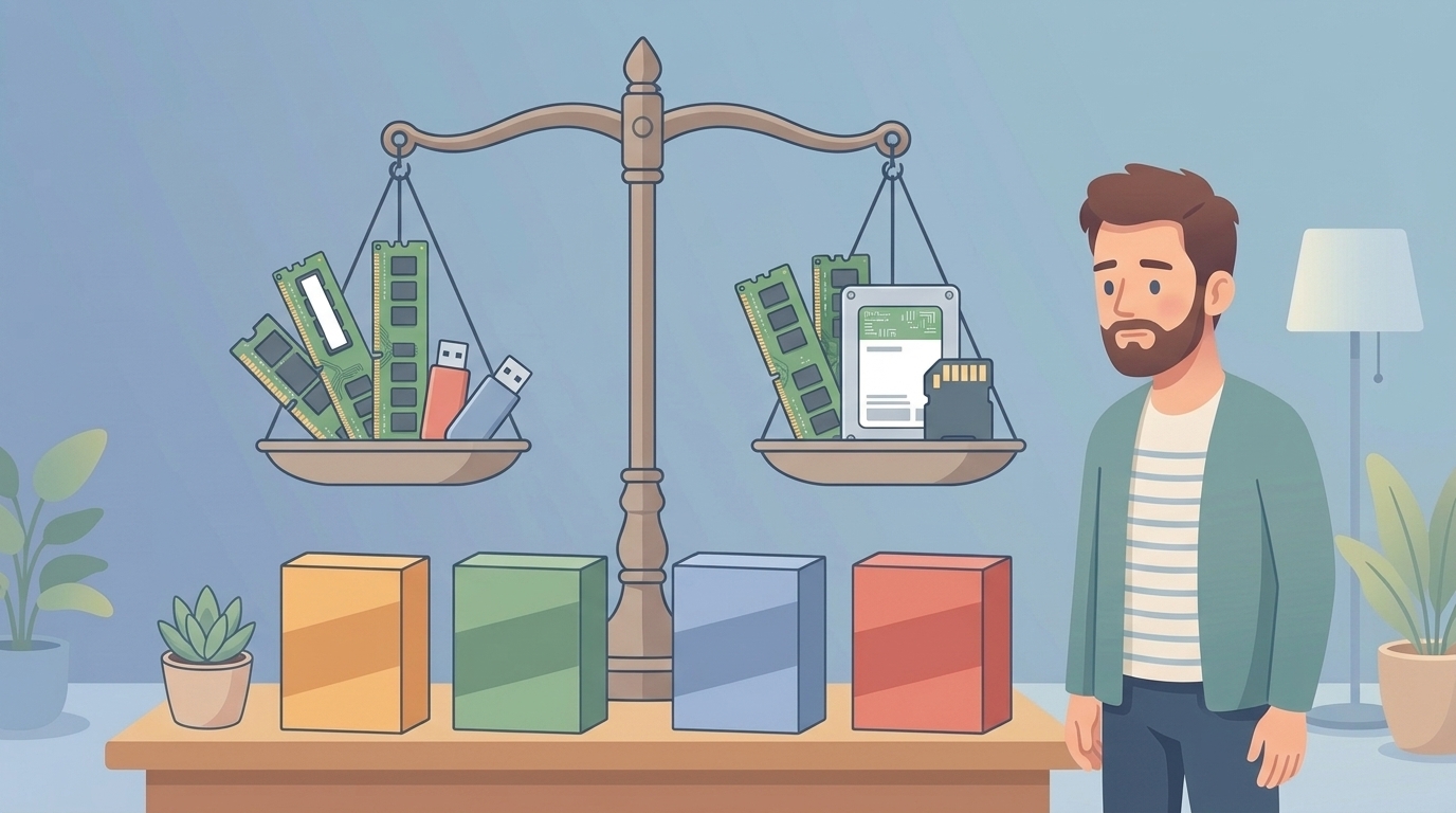 メモリブランドを天秤で比較する男性のイラスト