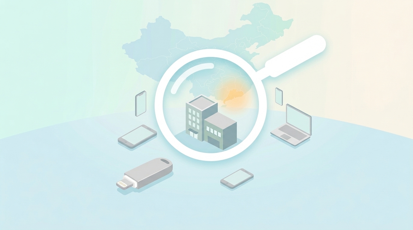 中国地図と電子機器アイコンで企業調査を表すイラスト