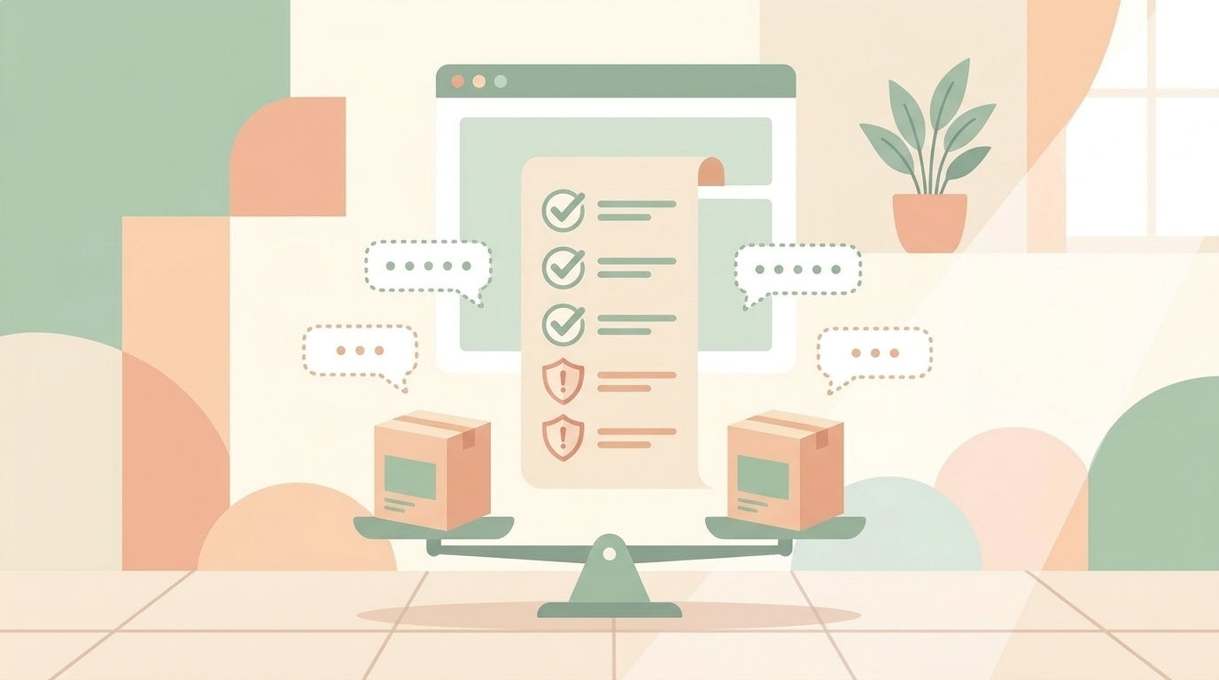 チェックリストと天秤で商品を比較するイラスト