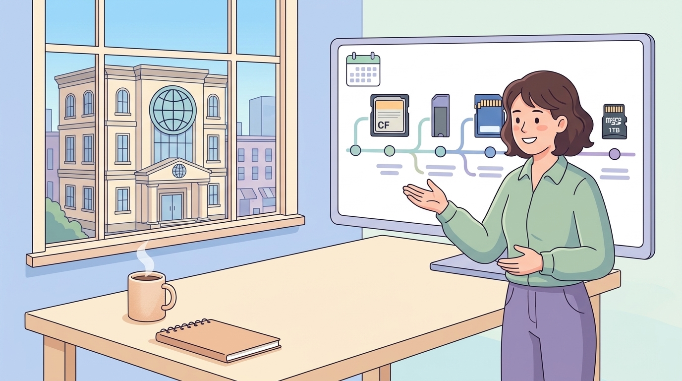 フラッシュメモリカードの歴史とブランドの歩みを示すイラスト