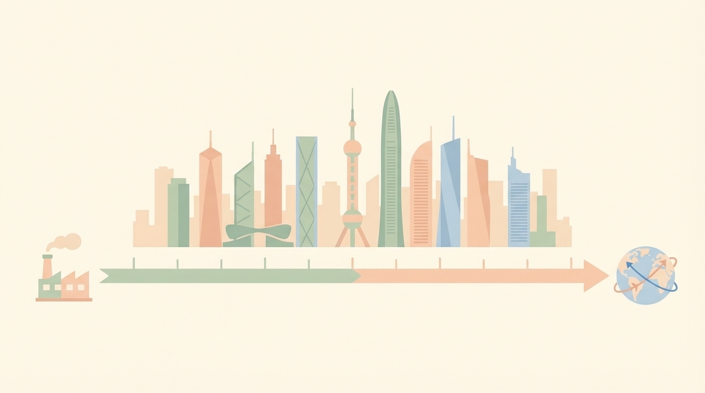 深圳の都市景観と工場からグローバル展開への成長を示すタイムライン