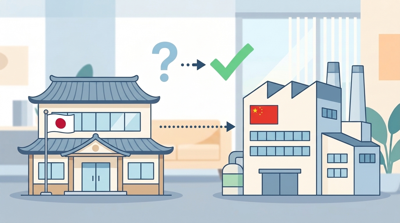 日本の会社と中国の工場をつなぐブランド素性解説のイラスト