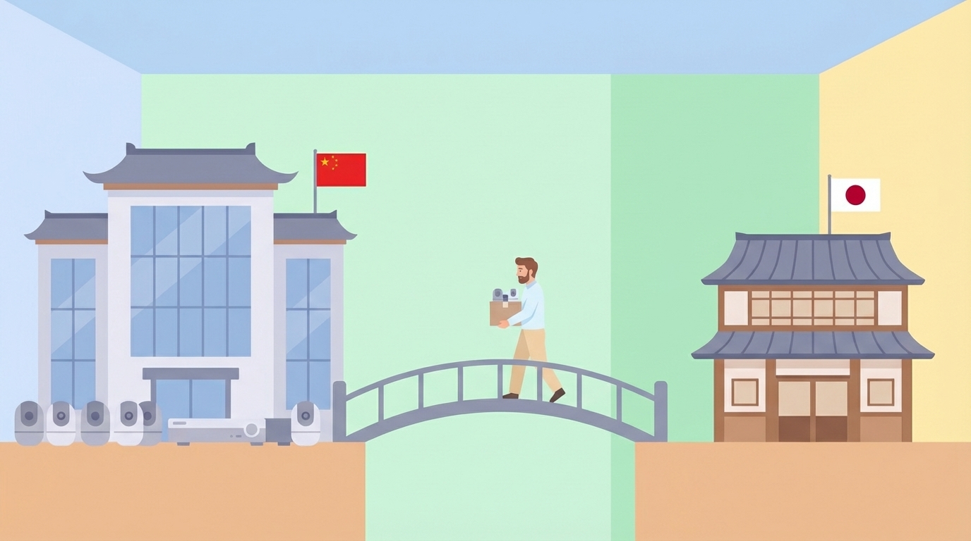 中国と日本を繋ぐ橋を渡る男性と防犯カメラのイラスト