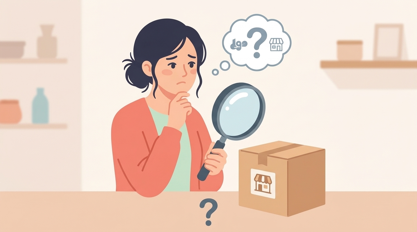 謎の商品ブランドを虫眼鏡で調査する女性のイラスト