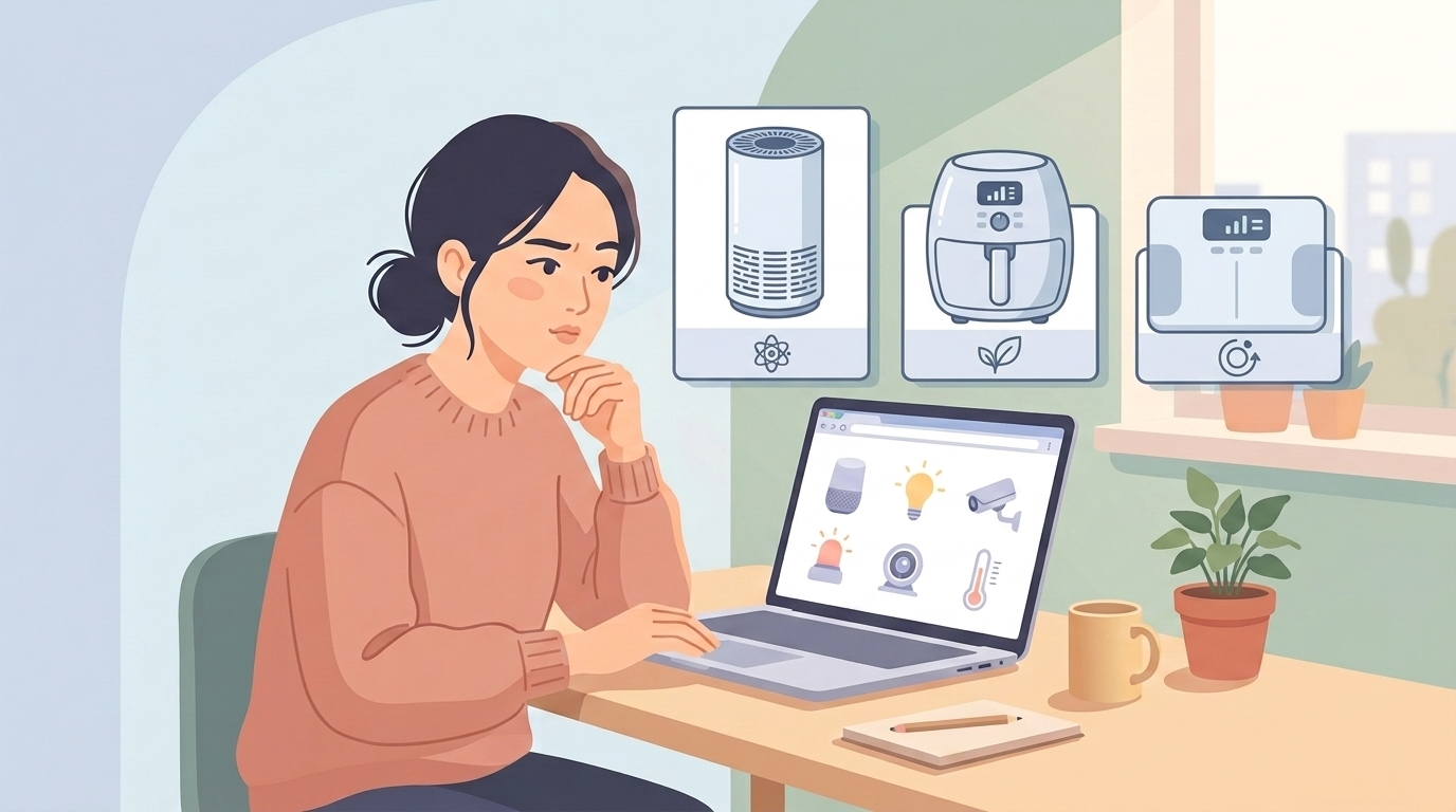 空気清浄機・ノンフライヤー・体重計の3ブランド製品ラインナップイラスト
