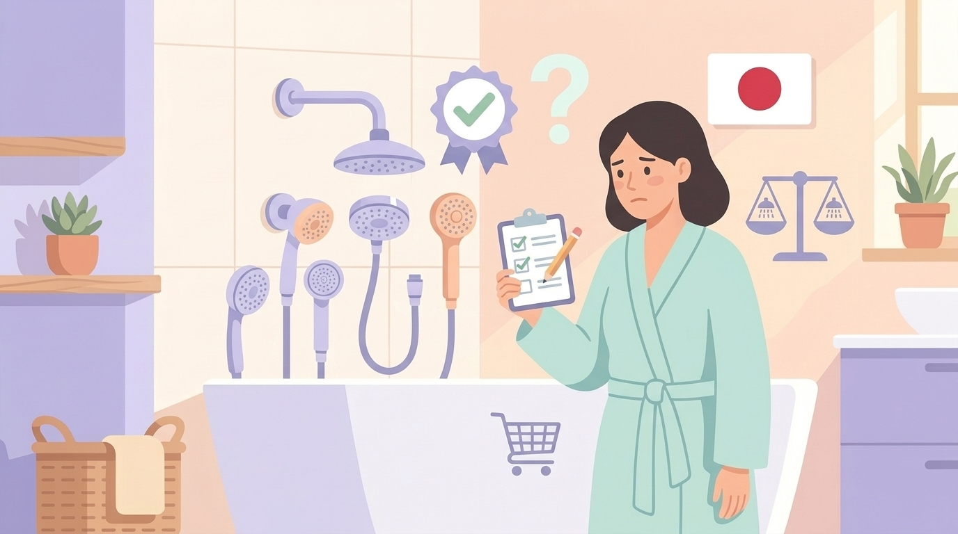 複数のシャワーヘッドブランドをチェックリストで比較する女性のイラスト