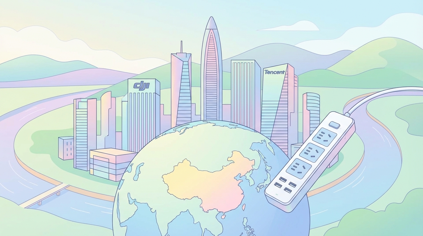 深圳の街並みと地球儀・電源タップを描いたイラスト