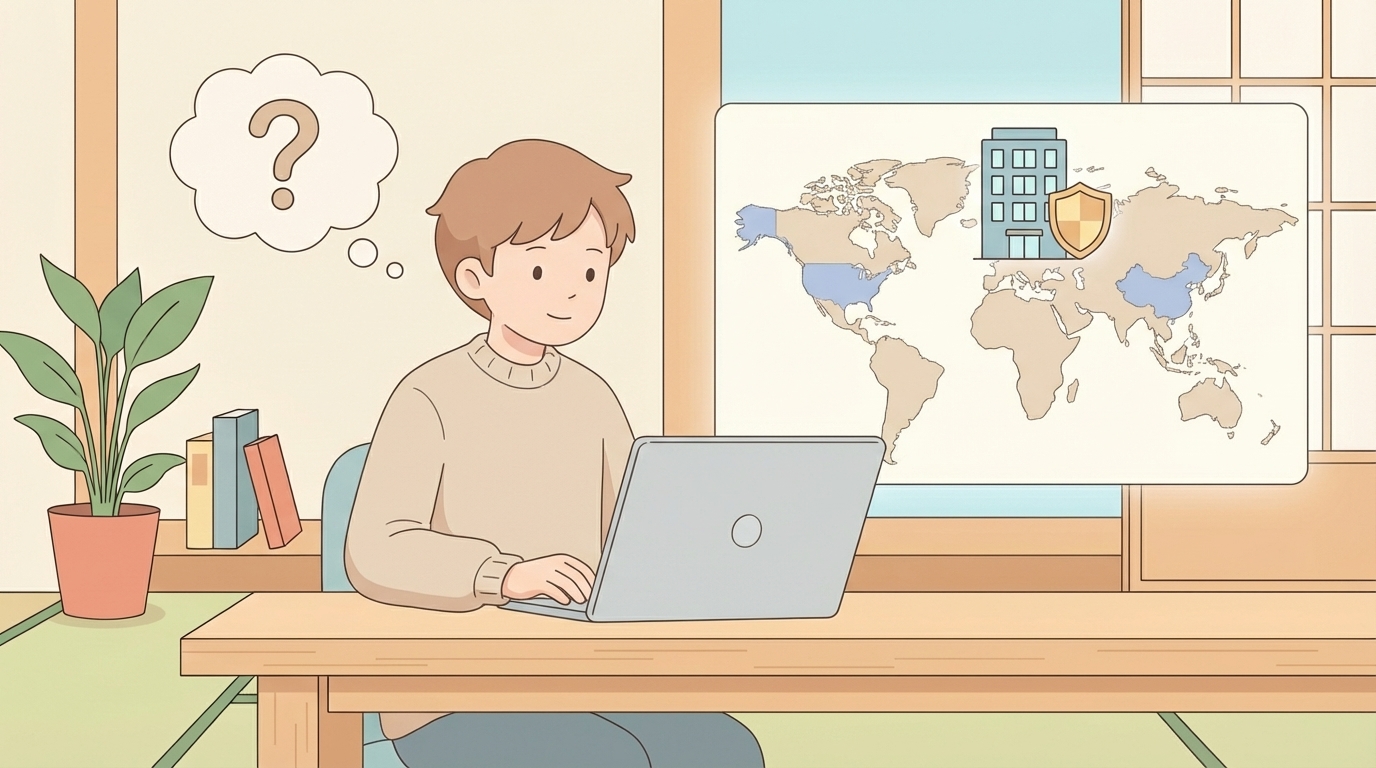 世界地図と企業ビルを見つめる人物のフラットイラスト