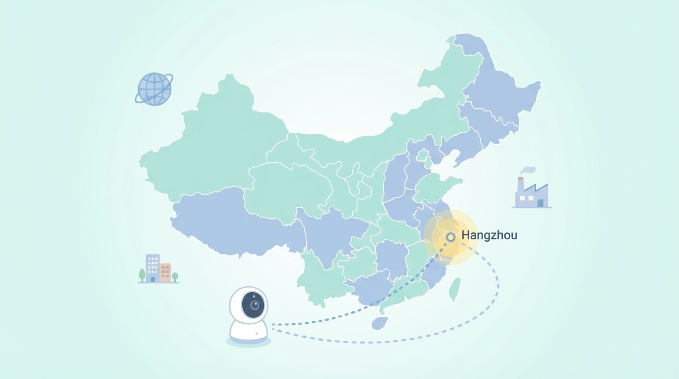 中国地図と杭州から見守りカメラへのつながりを示すイラスト