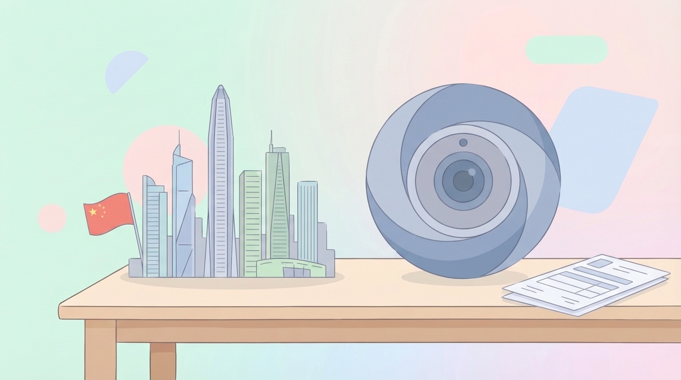 深圳の都市景観と防犯カメラブランドのイラスト