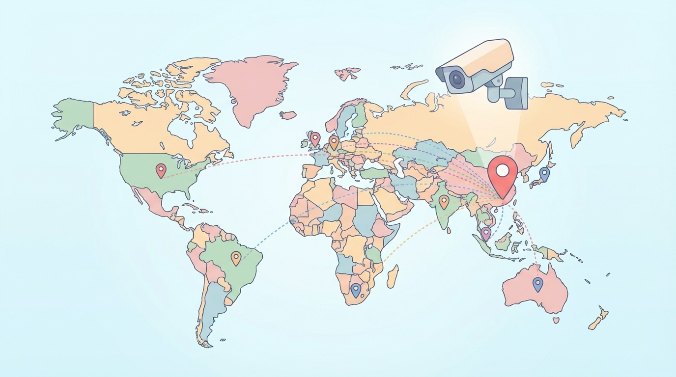 中国・深センから世界へ展開する防犯カメラブランドの地図イラスト