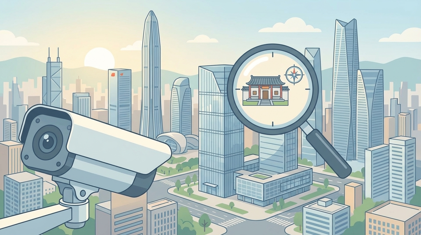 深センの都市景観と防犯カメラのイラスト