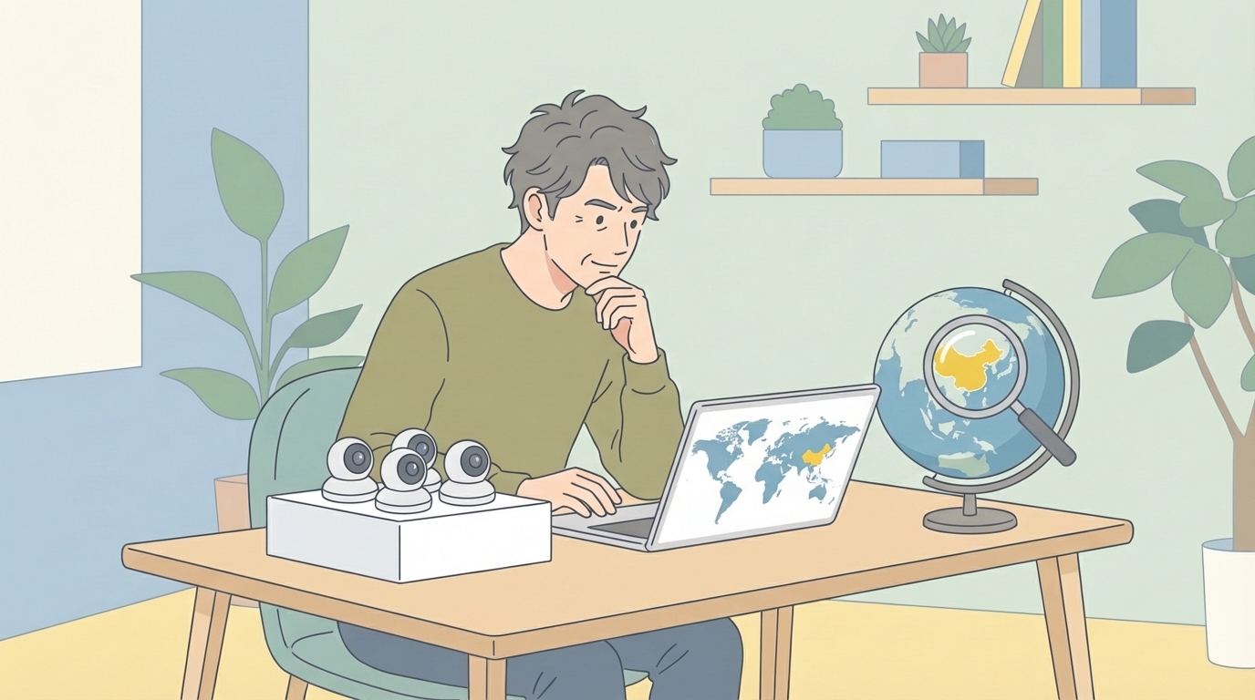 防犯カメラブランドの製造国を調べる男性のイラスト