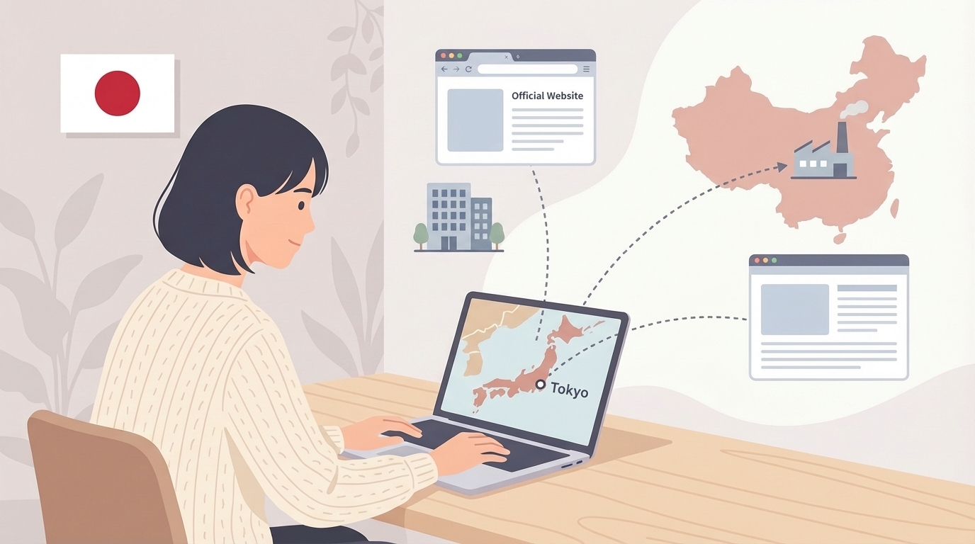 東京本社と中国工場の関係を示すブランド調査のイラスト