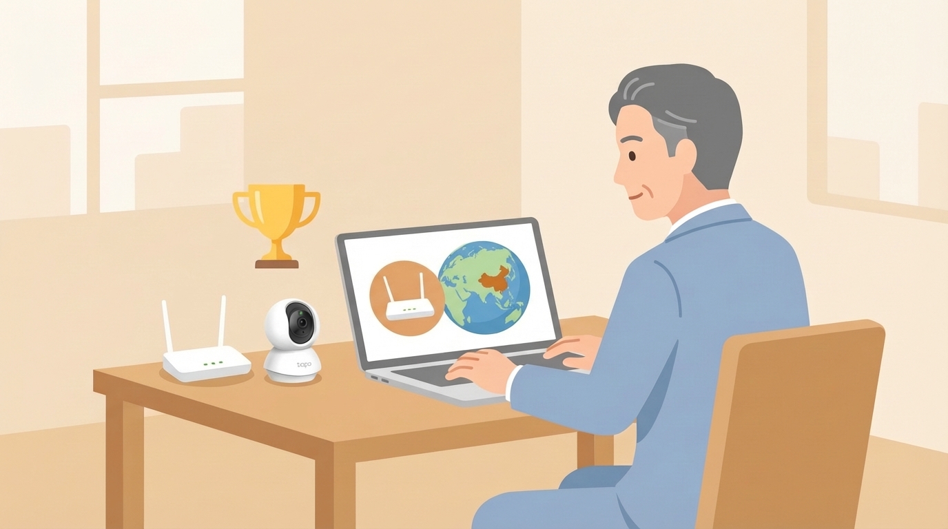 Wi-Fiルーターブランドの製造国を調べる男性のイラスト