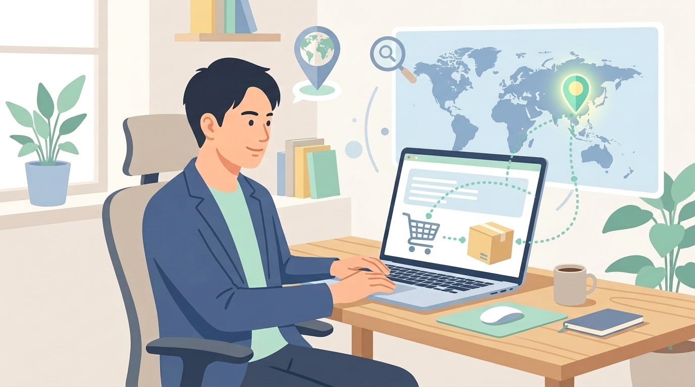 世界地図と中国の拠点を示すピンのイラスト