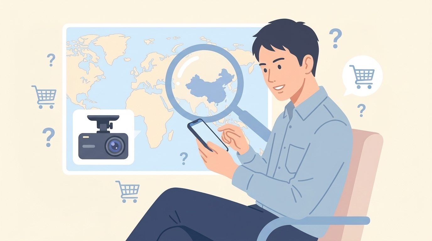 世界地図で中国を拡大しドラレコブランドの出自を調査するイラスト