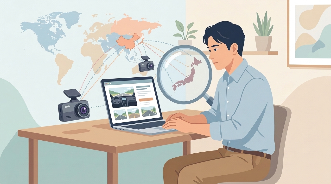 中国と日本を結ぶドラレコブランドの出自を調査するイラスト