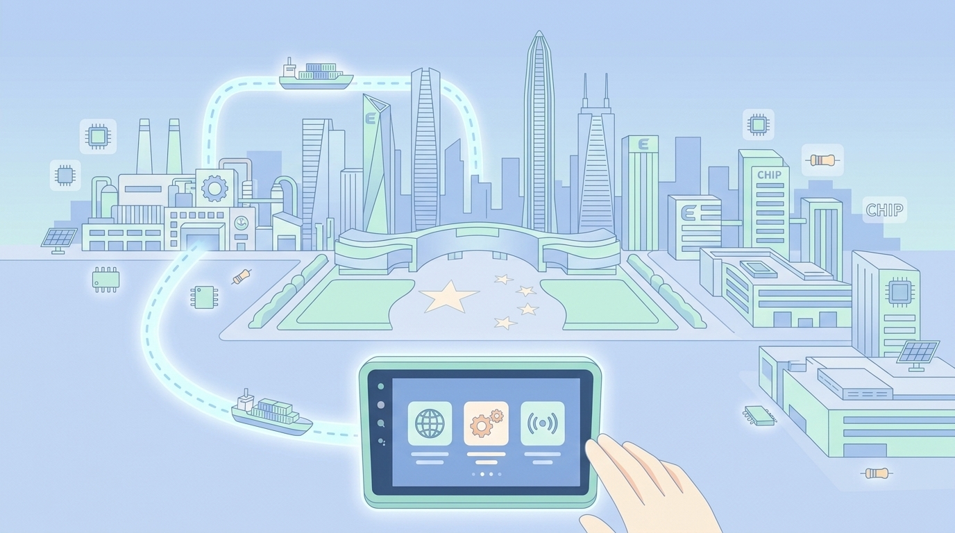 中国・深圳の工場とカーオーディオの関係を表すイメージイラスト